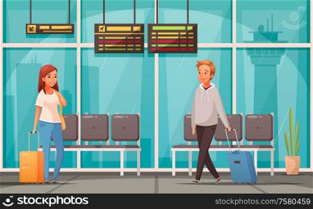 Cartoon background with two passengers with suitcases in airport waiting hall vector illustration