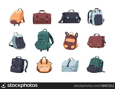 Cartoon backpack. School bags, camera bag and rucksack for laptop, travel and camping leisure backpack, journey textile and leather luggage. Trip baggage isolated objects, fashion accessory vector set. Cartoon backpack. School bags, camera bag and rucksack for laptop, travel and camping leisure backpack, journey textile and leather luggage. Trip baggage isolated objects, vector set
