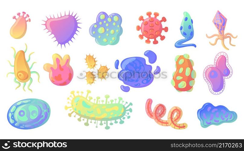 Cartoon bacteria. Ameba and virus cell probiotic collection. Flu germ. Microbes and bacillus disease. Isolated unicellular creatures. Microscopic Covid-19 pathogen. Vector biohazard microorganisms set. Cartoon bacteria. Ameba and virus cell probiotic collection. Flu germ. Microbes and bacillus disease. Unicellular creatures. Microscopic pathogens. Vector biohazard microorganisms set