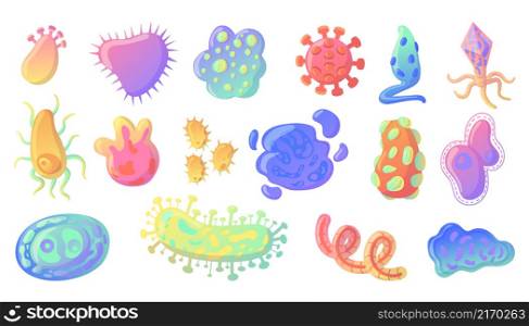 Cartoon bacteria. Ameba and virus cell probiotic collection. Flu germ. Microbes and bacillus disease. Isolated unicellular creatures. Microscopic Covid-19 pathogen. Vector biohazard microorganisms set. Cartoon bacteria. Ameba and virus cell probiotic collection. Flu germ. Microbes and bacillus disease. Unicellular creatures. Microscopic pathogens. Vector biohazard microorganisms set