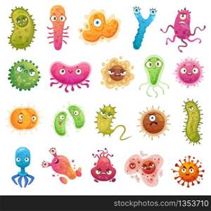 Cartoon bacteria mascot. Virus character, bacterias with funny faces. Color microbes and disease viruses isolated vector illustration set. Monster creature organism, bacteria and microbe. Cartoon bacteria mascot. Virus character, bacterias with funny faces. Color microbes and disease viruses isolated vector illustration set