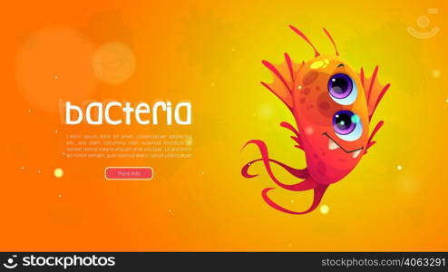 Cartoon bacteria or virus cell web banner. Cute germ character with funny face. Smile pathogen microbe with big eyes and long flagella, microbiology science organism, alien monster Vector illustration. Cartoon bacteria, virus cell web banner with germ