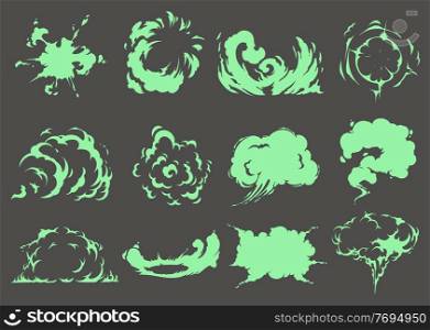 Cartoon bad green smell clouds, smoke and toxic steam. Vector stench or stink, fart, spoiled rotten food odor, fume trails, disgusting stinky breathing. Garbage vapor isolated set on grey background. Cartoon bad green smell clouds, smoke or steam set