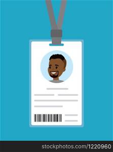 Cartoon badge of the african american man,identification card for businessman,flat vector illustration