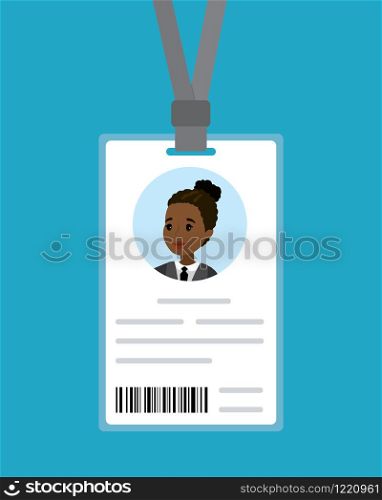 Cartoon badge of the african american woman,identification card for businesswoman,flat vector illustration