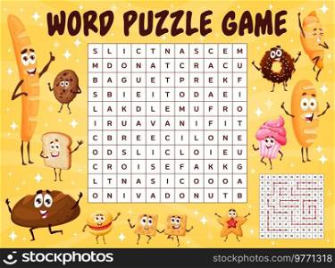 Cartoon bakery and bread characters, word search puzzle game vector worksheet. Kids quiz grid, riddle or maze with cute baguette, croissant, burger and wheat bread, cake, donut, cupcake and cookie. Cartoon bread characters, word search puzzle game