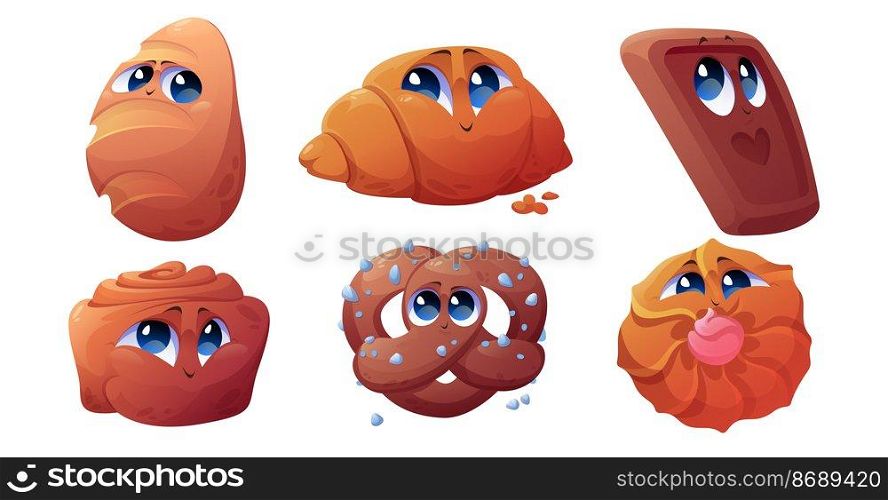 Cartoon bakery characters, cheerful croissant, bun, cinnabon and chocolate cookie with pretzel funny mascots. Confectionery cute joyful sweet dessert personages, happy baked food isolated vector set. Cartoon bakery characters, cheerful personages