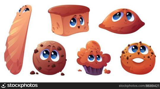 Cartoon bakery characters, cheerful french baguette, cupcake and chocolate cookie, patty and bread loaf funny mascots. Cute joyful baked food personages with happy smiling faces isolated vector set. Cartoon bakery characters, cheerful personages