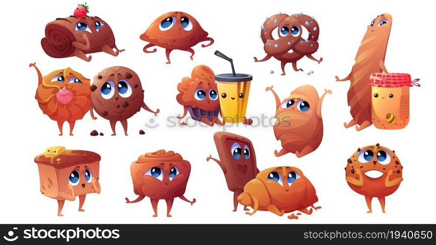 Cartoon bakery cute characters, cheerful croissant, bun, cinnabon and chocolate cookie with pretzel, muffin with coffee, loaf with honey jar and patty with roll funny confectionery mascots vector set. Cartoon bakery cute characters, cheerful mascots