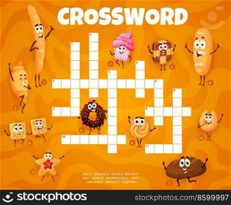 Cartoon bakery, pastry, cakes and cookies crossword grid worksheet. Find a word quiz vector game with baguette, cupcake, croissant, loaf and checkerboard. Donut, rye, cracker and sugar, fortune, star. Cartoon bakery, pastry, cakes or cookies crossword