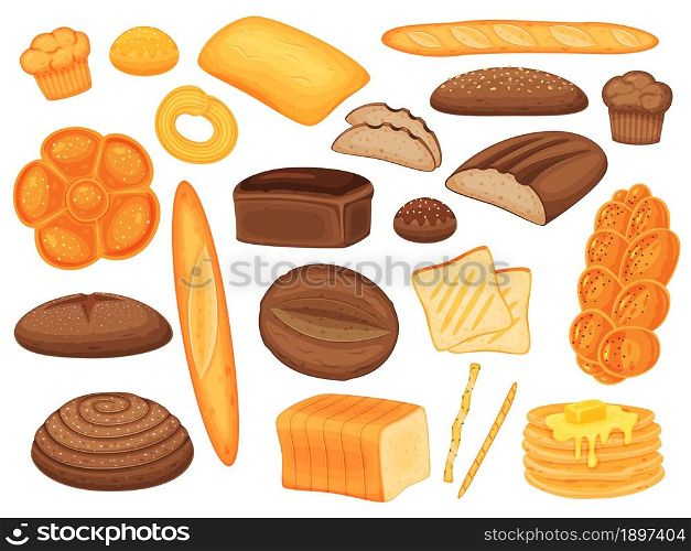 Cartoon bakery products, bread loaf, buns and pastry. Baguette, muffins, pancakes, whole wheat bread, homemade delicious pastries vector set. Hot baked assortment for nutrient snack. Cartoon bakery products, bread loaf, buns and pastry. Baguette, muffins, pancakes, whole wheat bread, homemade delicious pastries vector set