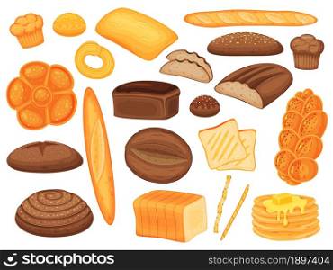 Cartoon bakery products, bread loaf, buns and pastry. Baguette, muffins, pancakes, whole wheat bread, homemade delicious pastries vector set. Hot baked assortment for nutrient snack. Cartoon bakery products, bread loaf, buns and pastry. Baguette, muffins, pancakes, whole wheat bread, homemade delicious pastries vector set