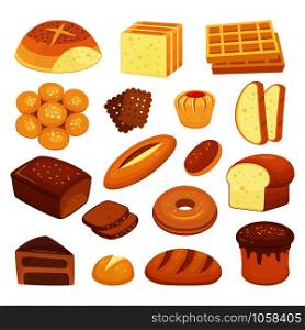 Cartoon bakery products. Toast bread, french roll and breakfast bagel. Whole grain breads, sweet bun and loaf, rye pumpernickel. Pastry wheat shop vector illustration isolated icons set. Cartoon bakery products. Toast bread, french roll and breakfast bagel. Whole grain breads, sweet bun and loaf vector illustration set