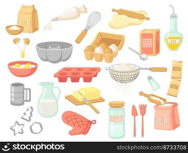 Cartoon baking ingredients. Bake products, yeast and oil, eggs and flour pack. Home making dessert, sugar milk salt for cooking. Bakery elements neat vector clipart cartoon ingredient cooking food. Cartoon baking ingredients. Bake products, yeast and oil, eggs and flour pack. Home making dessert, sugar milk salt for cooking. Bakery elements neat vector clipart