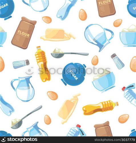 Cartoon baking ingredients seamless pattern. Cartoon baking ingredients seamless pattern. Component for baking, milk and sunflower oil. Background with ingredients to baking illustration