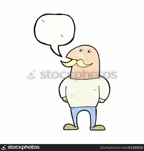 cartoon bald man with mustache with speech bubble
