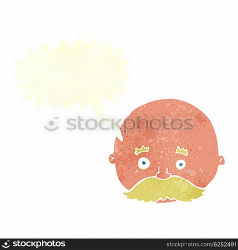 cartoon bald man with mustache with speech bubble