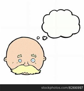 cartoon bald man with mustache with thought bubble