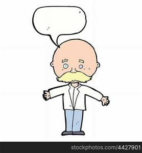 cartoon bald man with open arms with speech bubble