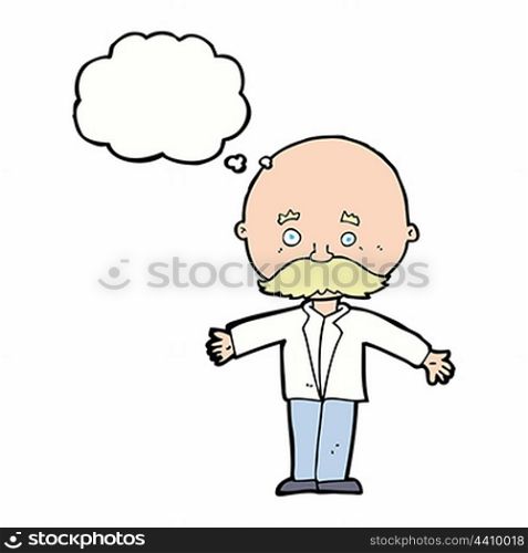 cartoon bald man with open arms with thought bubble