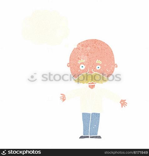 cartoon bald man with open arms with thought bubble