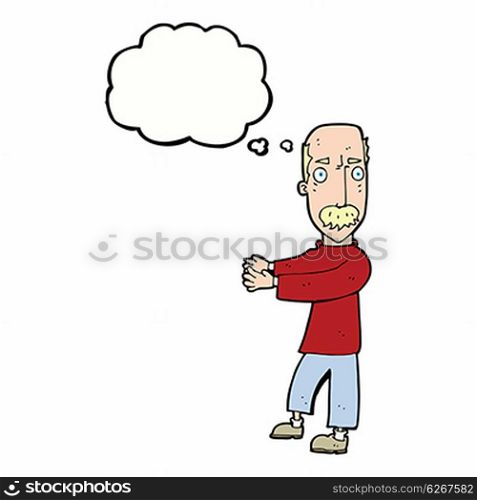cartoon balding man explaining with thought bubble