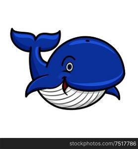 Cartoon baleen whale character with blue spine and striped white underside swimming with playfully raised tail and happy smile. Use as marine wildlife mascot or t-shirt print design. Blue baleen whale cartoon character