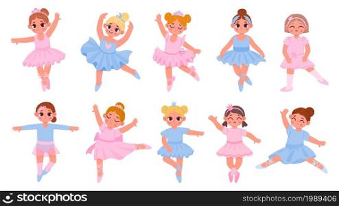 Cartoon ballerina princesses, cute girls dancers characters. Girl in tutu dress and crown. Ballet class students in dance poses vector set. Kids in beautiful costumes in different poses. Cartoon ballerina princesses, cute girls dancers characters. Girl in tutu dress and crown. Ballet class students in dance poses vector set