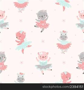 Cartoon ballerina seamless pattern. Ballet dancing cat, pig and bear. Baby print. Cute dancers animals in tutus, artistic vector background. Illustration of ballerina cartoon, background and pattern. Cartoon ballerina seamless pattern. Ballet dancing cat, pig and bear. Baby funny fabric print. Cute dancers animals in tutus, artistic funny nowaday vector background