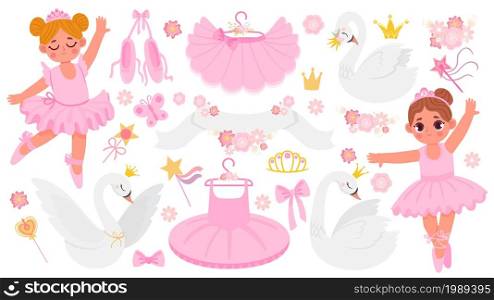 Cartoon ballet shoe, clothing, dancing ballerinas and swans. Cute ballet dance accessories and decoration. Flowers, crowns, tutu vector set. Beautiful pointes and dresses on hangers, magic wands. Cartoon ballet shoe, clothing, dancing ballerinas and swans. Cute ballet dance accessories and decoration. Flowers, crowns, tutu vector set