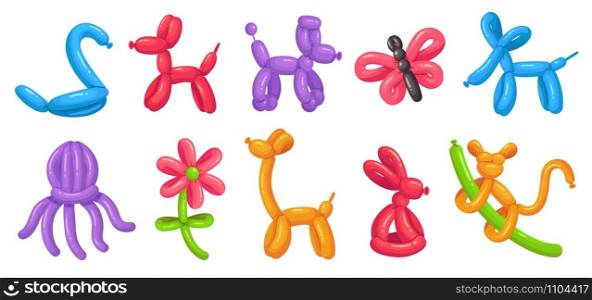 Cartoon balloon animals. Birthday balloons, holiday celebration colorful toy and party animal balloon. Octopus, dog and butterfly helium air balloons. Isolated vector illustration icons set. Cartoon balloon animals. Birthday balloons, holiday celebration colorful toy and party animal balloon vector illustration set