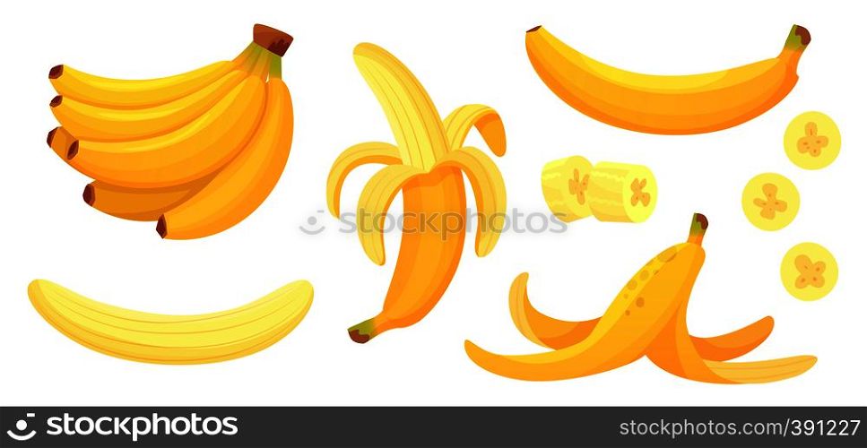 Cartoon bananas. Peel banana, yellow fruit and bunch of bananas. Tropical fruits, banana snack or vegetarian nutrition. Isolated vector illustration icons set. Cartoon bananas. Peel banana, yellow fruit and bunch of bananas isolated vector illustration set