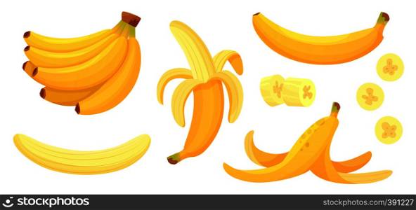 Cartoon bananas. Peel banana, yellow fruit and bunch of bananas. Tropical fruits, banana snack or vegetarian nutrition. Isolated vector illustration icons set. Cartoon bananas. Peel banana, yellow fruit and bunch of bananas isolated vector illustration set