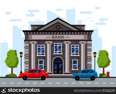 Cartoon bank or government building, courthouse with roman columns. Money loan house in cityscape with cars on street vector illustration. Cartoon bank or government building with roman columns. Money loan house vector illustration