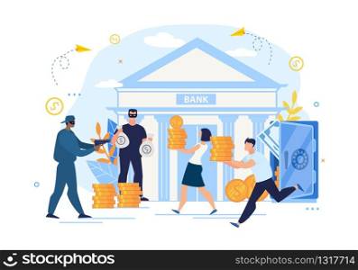 Cartoon Bank Robbery Crime and Bad Storage Protection. Masked Criminals, Armed Gangsters Attacking Bankers, Stealing Gold, Cash, Currency. Employees and Clients Giving Money. Vector Flat Illustration. Bank Robbery Crime and Bad Storage Protection