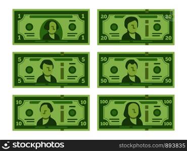 Cartoon banknote. Dollar cash, money banknotes and one hundred dollars bills 100 buck stylized for fake bill, play casino or investing money vector flat isolated icon set illustration. Cartoon banknote. Dollar cash, money banknotes and one hundred dollars bills stylized vector flat illustration