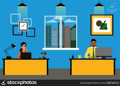 Cartoon banner of two office workers. The young woman and man is an employees at work. Vector flat illustration. Cartoon businessman working at home, living room interior design
