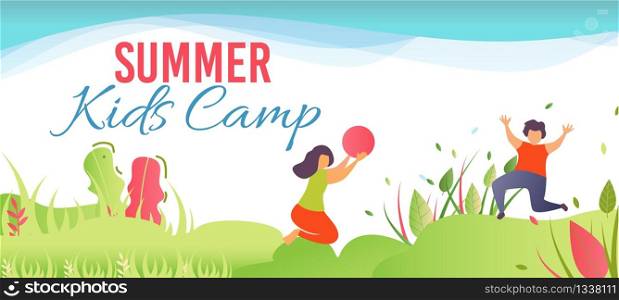 Cartoon Banner Promoting Summer Kids Camp in Forest. Flat Vector Children Playing Ball Together. Outdoors Activities and Rest. Active Summertime Illustration. Happy Childhood and Vacation. Cartoon Banner Promotes Summer Kids Camp in Forest