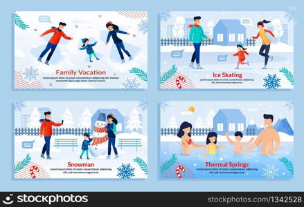 Cartoon Banner Set. Happy Family Members Performing Outdoor Activities Fun. Parents Children in Winter Clothes Sledding, Lying on Snow, Resting in Thermal Springs, Making Snowman. Vector Illustration. Banner Set with Family Perform Outdoor Activities