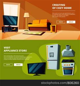 Cartoon banners with illustrations of various furniture for kitchen and living room. Vector poster interior domestic and comfortable sofa. Cartoon banners with illustrations of various furniture for kitchen and living room