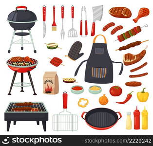 Cartoon barbecue equipment for picnic. Summer grill party elements, cooking tools and utensils. Grilled meat steaks, sausages and vegetables, bottles with sauces isolated vector set. Cartoon barbecue equipment for picnic. Summer grill party elements, cooking tools and utensils. Grilled meat steaks