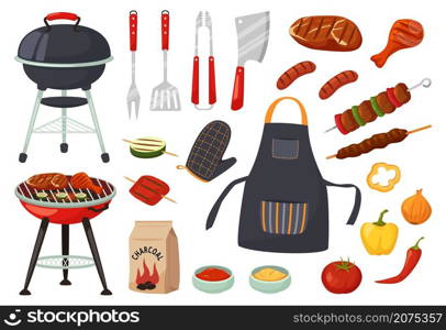 Cartoon barbecue equipment, outdoor bbq picnic elements. Grilled steak and vegetables, barbecued food for summer grill party vector set. Cooking tools and appliances, charcoal and meat. Cartoon barbecue equipment, outdoor bbq picnic elements. Grilled steak and vegetables, barbecued food for summer grill party vector set