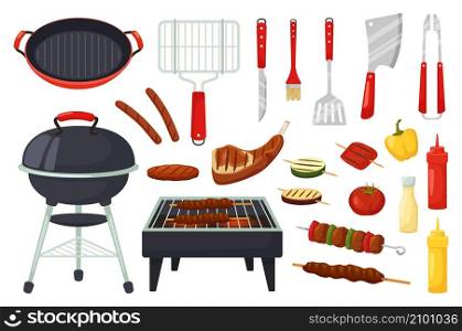 Cartoon barbecue food and utensils, bbq party elements. Outdoor grills, barbecued meat and vegetables, grill picnic equipment vector set. Cooking tasty meat, tomatoes and pepper outside. Cartoon barbecue food and utensils, bbq party elements. Outdoor grills, barbecued meat and vegetables, grill picnic equipment vector set