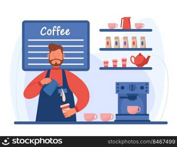 Cartoon barista making high quality espresso at coffee station. Male character with small business flat vector illustration. Coffee shop concept for banner, website design or landing web page