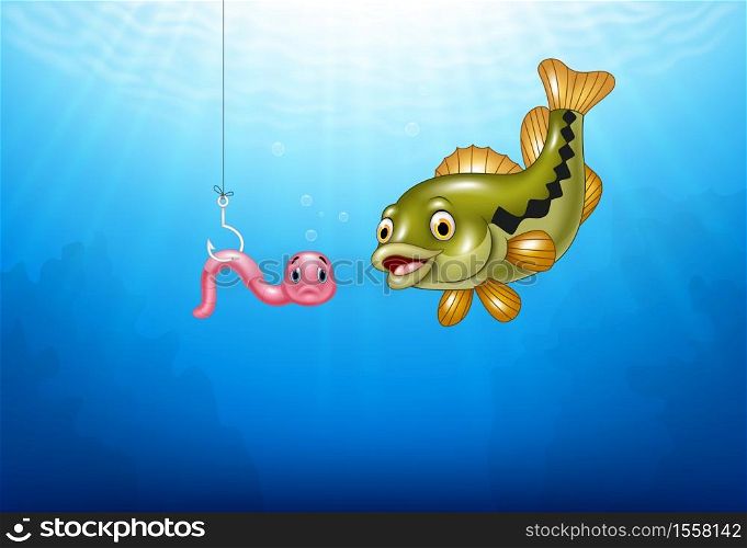 Cartoon bass fish hunting a pink worm