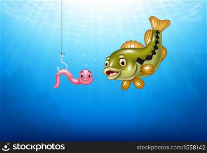 Cartoon bass fish hunting a pink worm