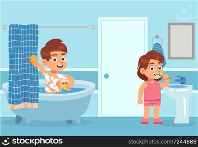 Cartoon bath. Children take water treatments. Boy washes with shampoo foam, girl is brushing teeth with toothpaste in interior of bathroom. Body care and hygiene concept. Flat vector illustration. Cartoon bath. Children take water treatments. Boy washes with shampoo, girl is brushing teeth with toothpaste in bathroom. Body care and hygiene concept. Flat vector illustration