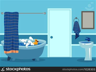 Cartoon bath. Cute white hot shower and bathtub with bubbles and toy in inside bathroom isolated vector relaxing room illustration. Cartoon bath. Cute white hot shower and bathtub with bubbles and toy in inside bathroom isolated vector illustration