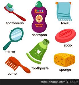 Cartoon bathroom accessories vocabulary vector icons. Mirror, towel, sponge, toothbrush and soap. Toothpaste and sponge, hygiene soap and comb illustration. Cartoon bathroom accessories vocabulary vector icons. Mirror, towel, sponge, toothbrush and soap