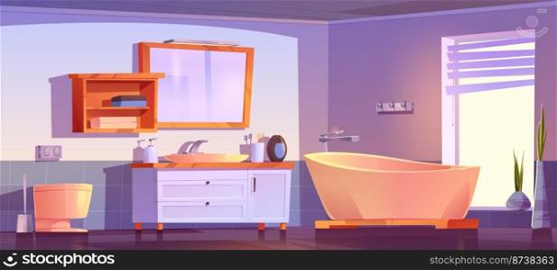 Cartoon bathroom interior design. Vector illustration of bath, toilet, sink, mirror, toothbrushes, soap bottle, towels on shelf in clean room with large window and flower pot. Home comfort and hygiene. Cartoon bathroom interior design